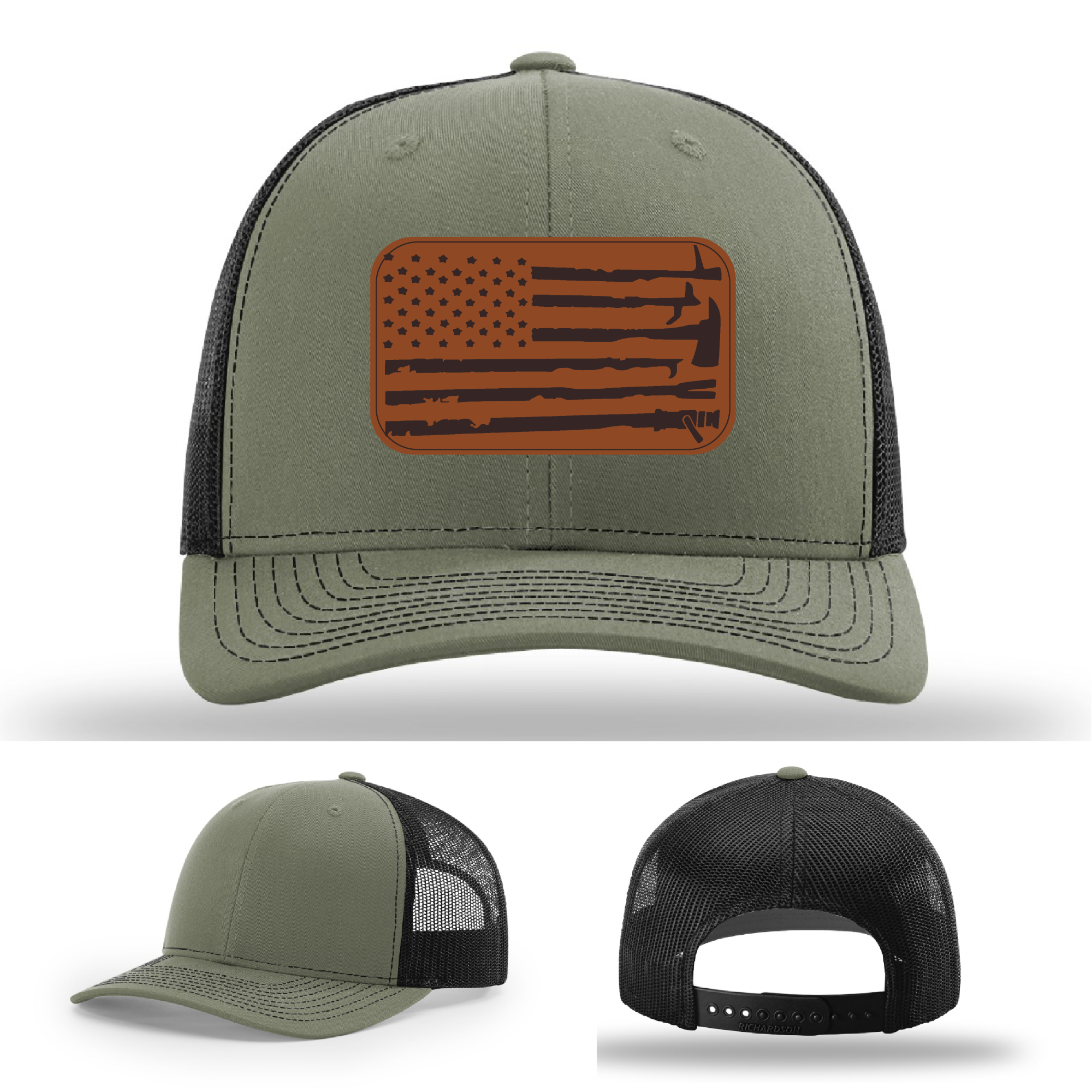 Firefighter hat variant featuring detailed leather patch with tools and flag