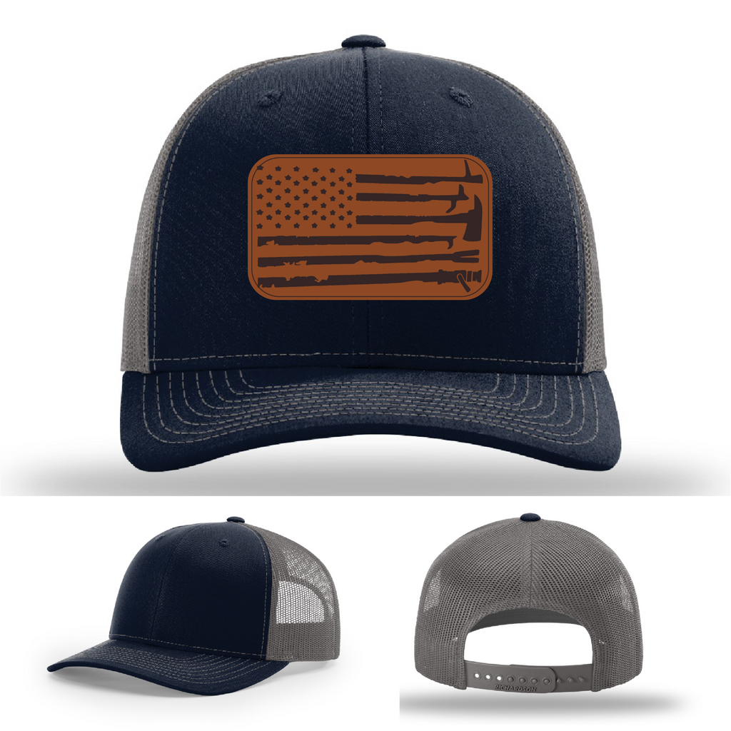 Fire service identity hat variant with American flag leather patch
