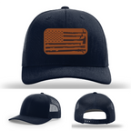 Fire service apparel hat variant with fire tools and flag patch