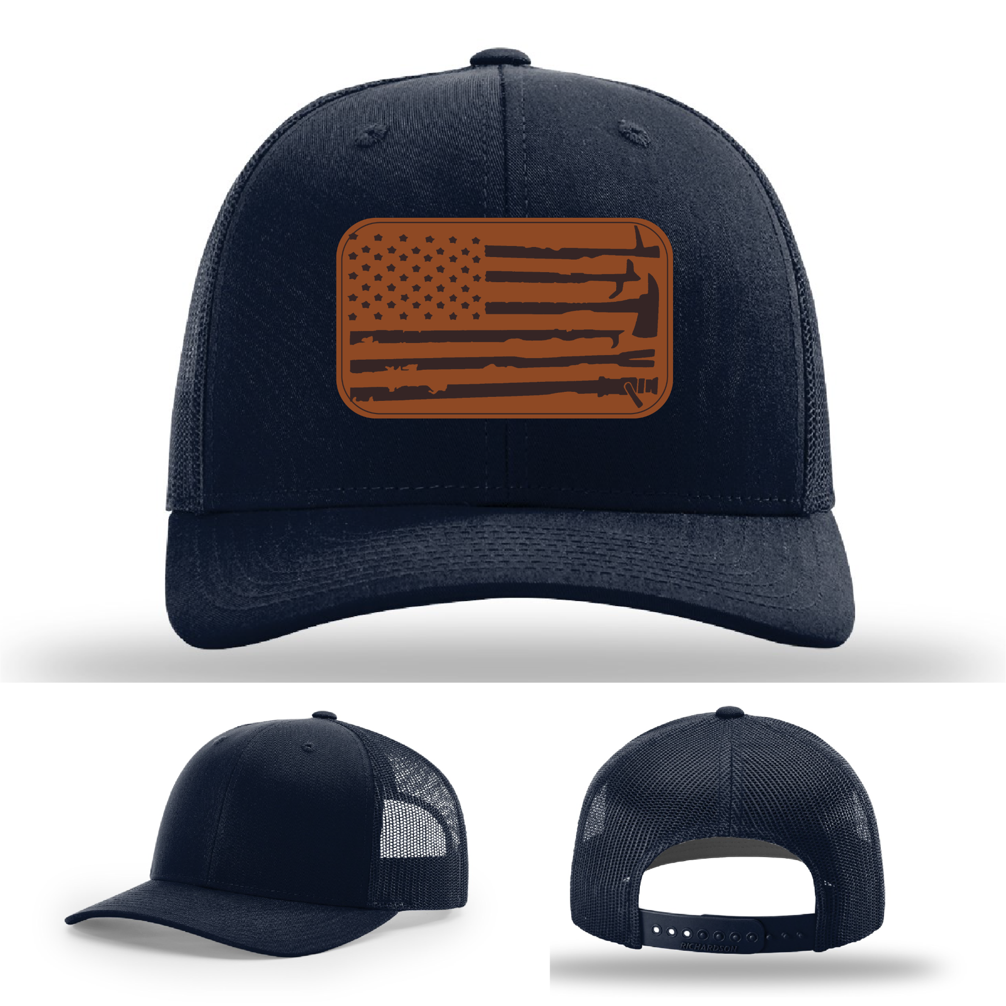 Fire service apparel hat variant with fire tools and flag patch