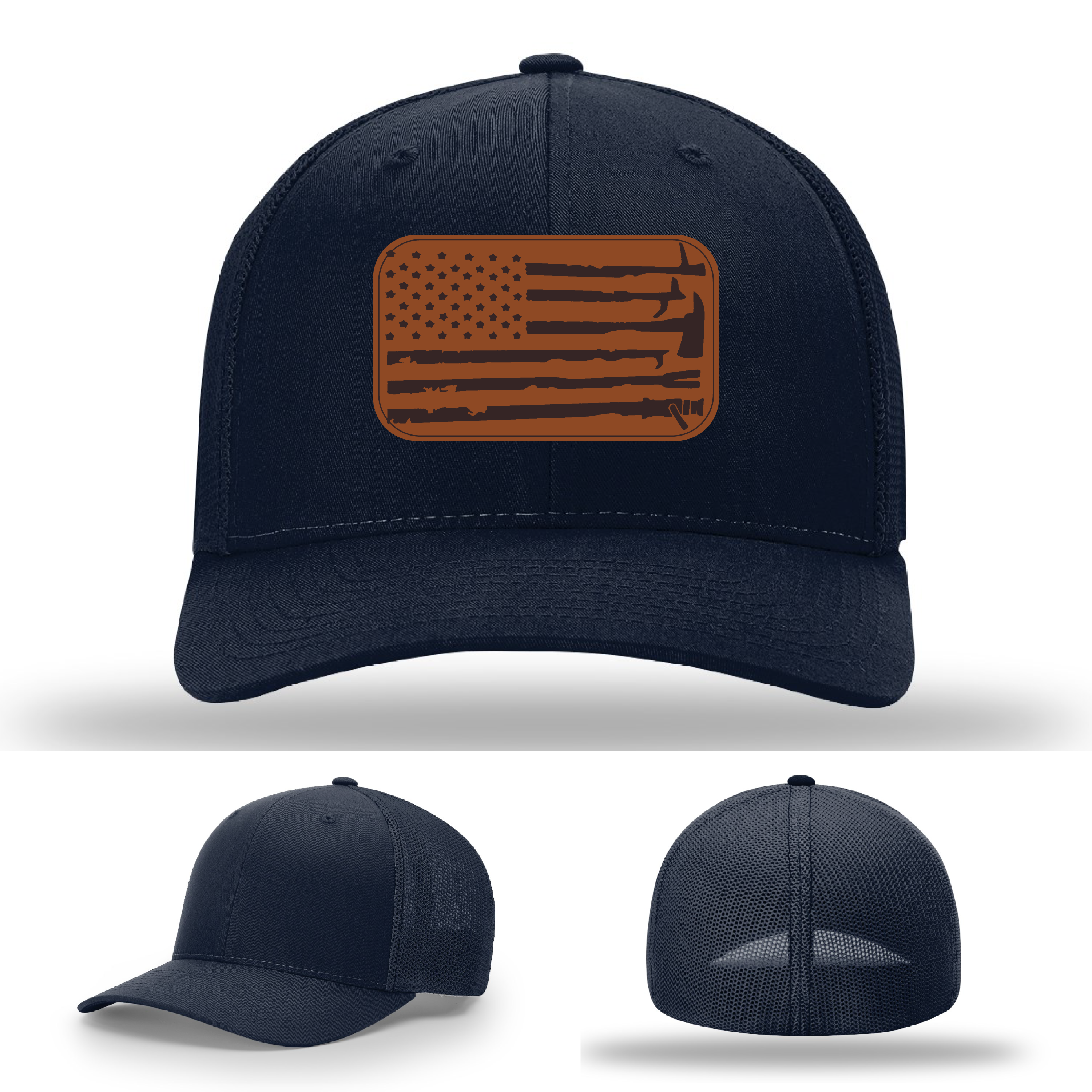 Firefighter pride hat variant with American flag and tools patch