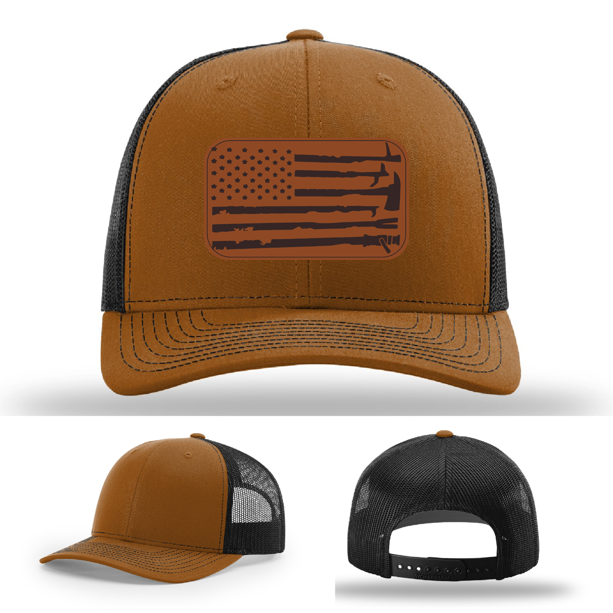 Firehouse apparel hat variant with fire tools and flag leather patch