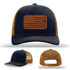 Firefighter tradition hat variant with leather patch flag and tools