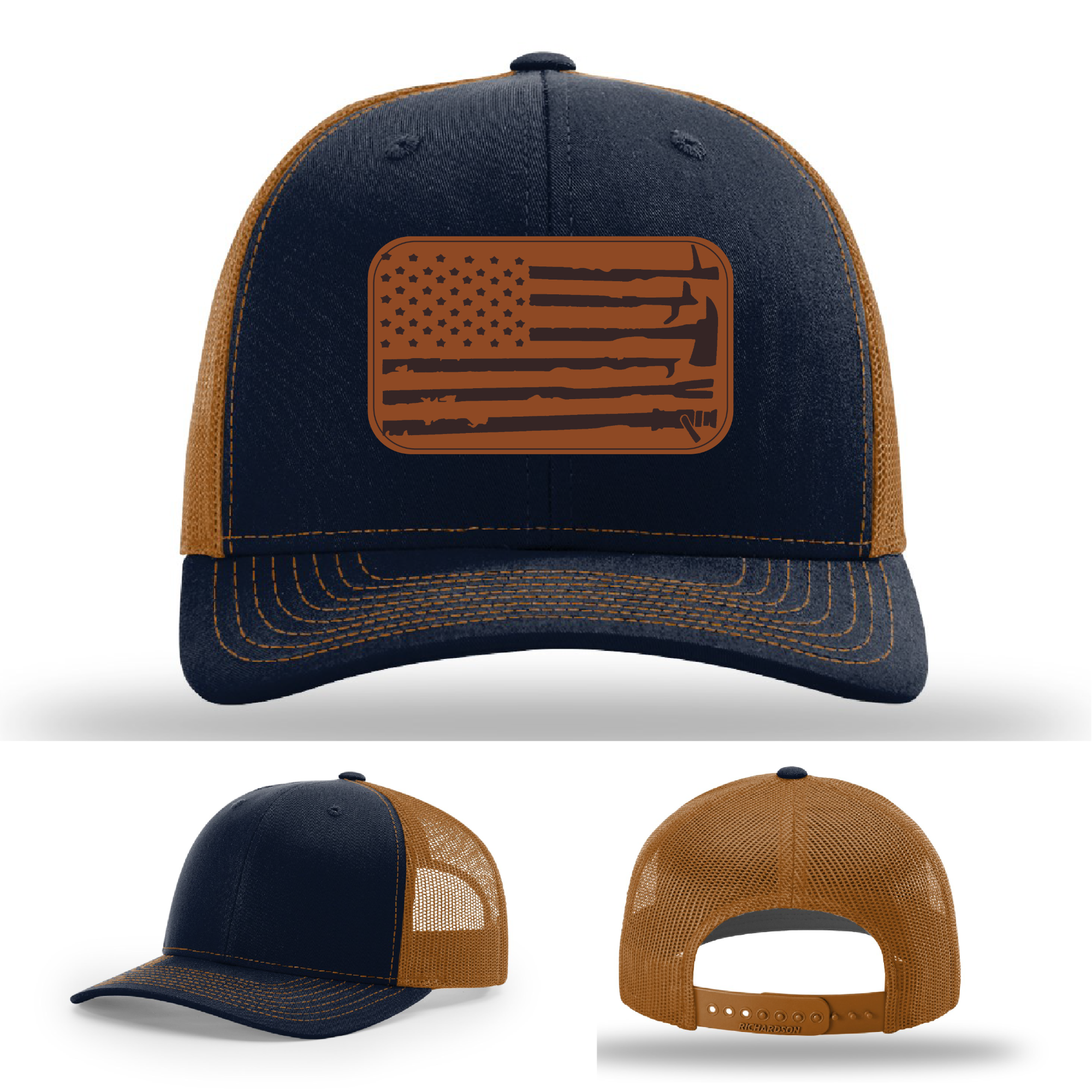Firefighter tradition hat variant with leather patch flag and tools