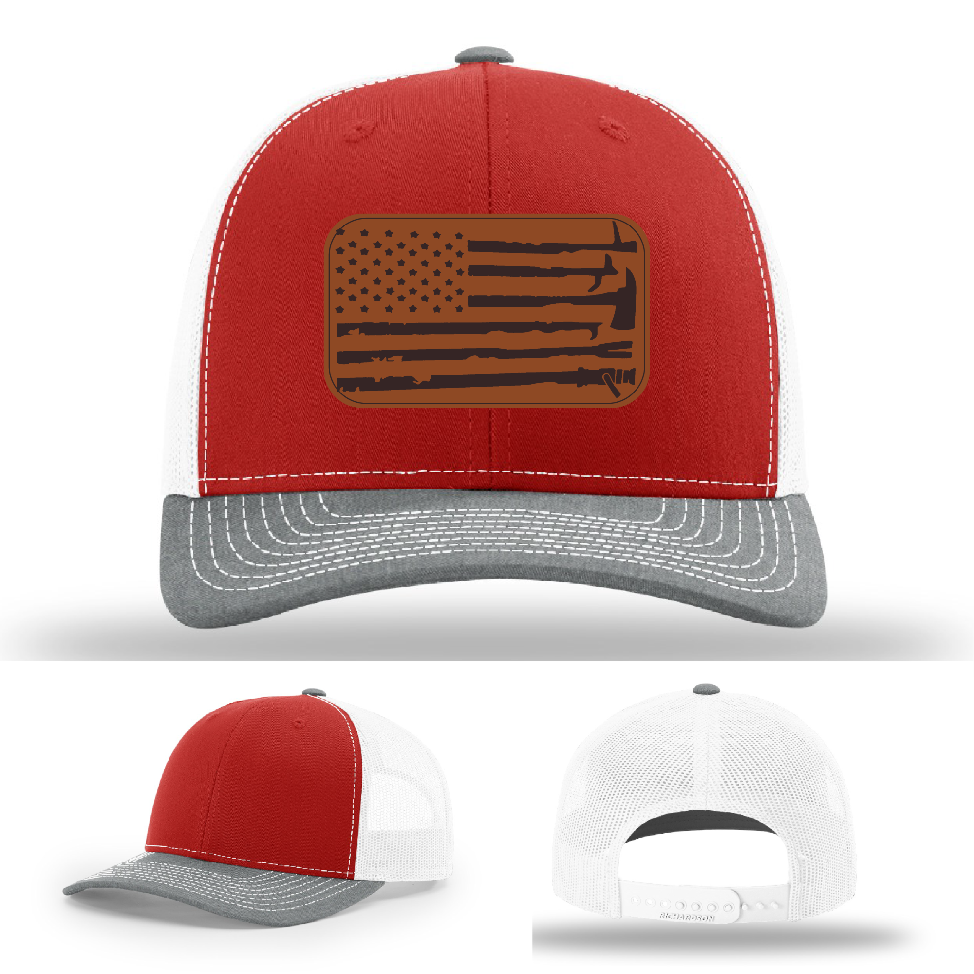 Rugged fire service hat variant with flag and tools patch