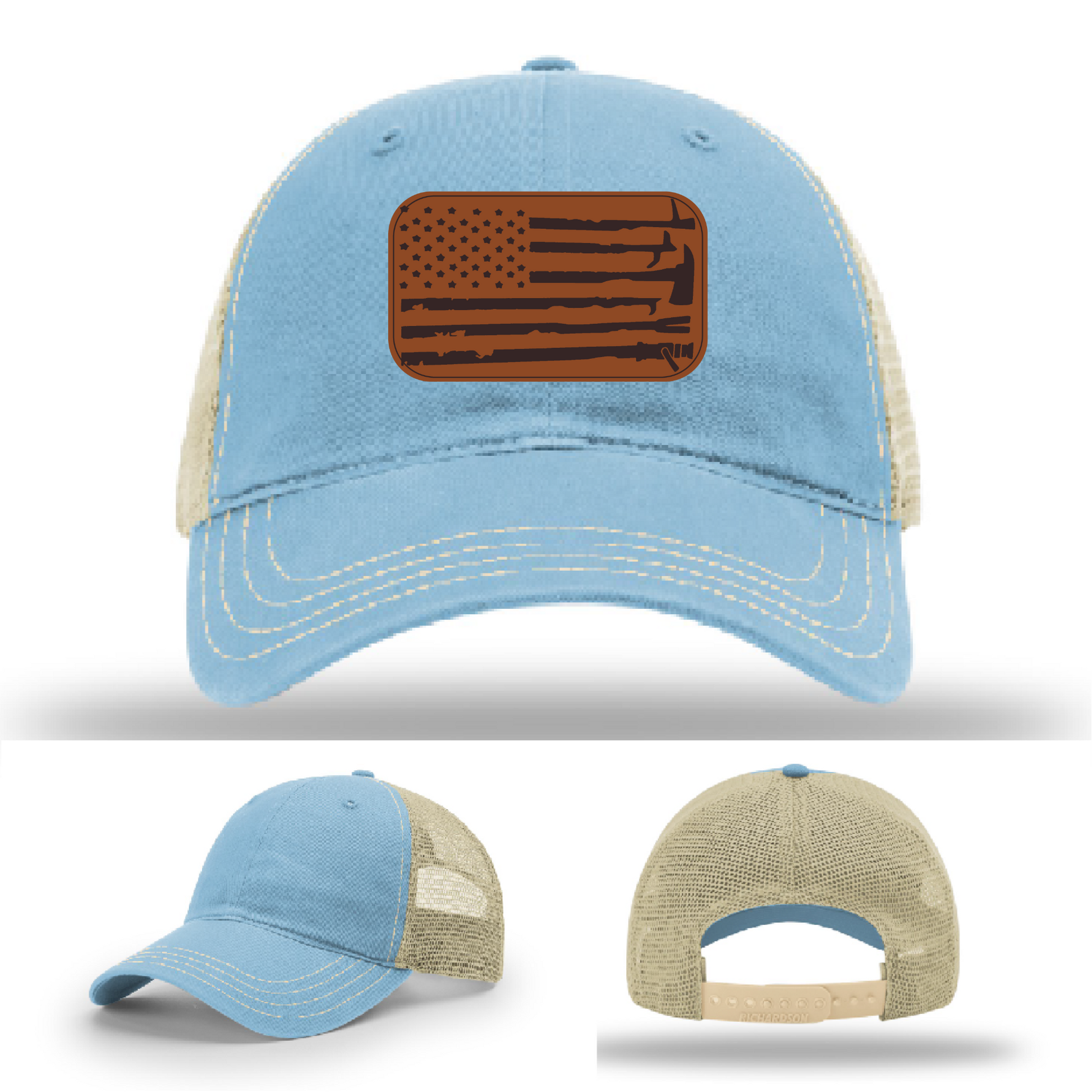 Firefighter hat variant with leather patch flag and tools