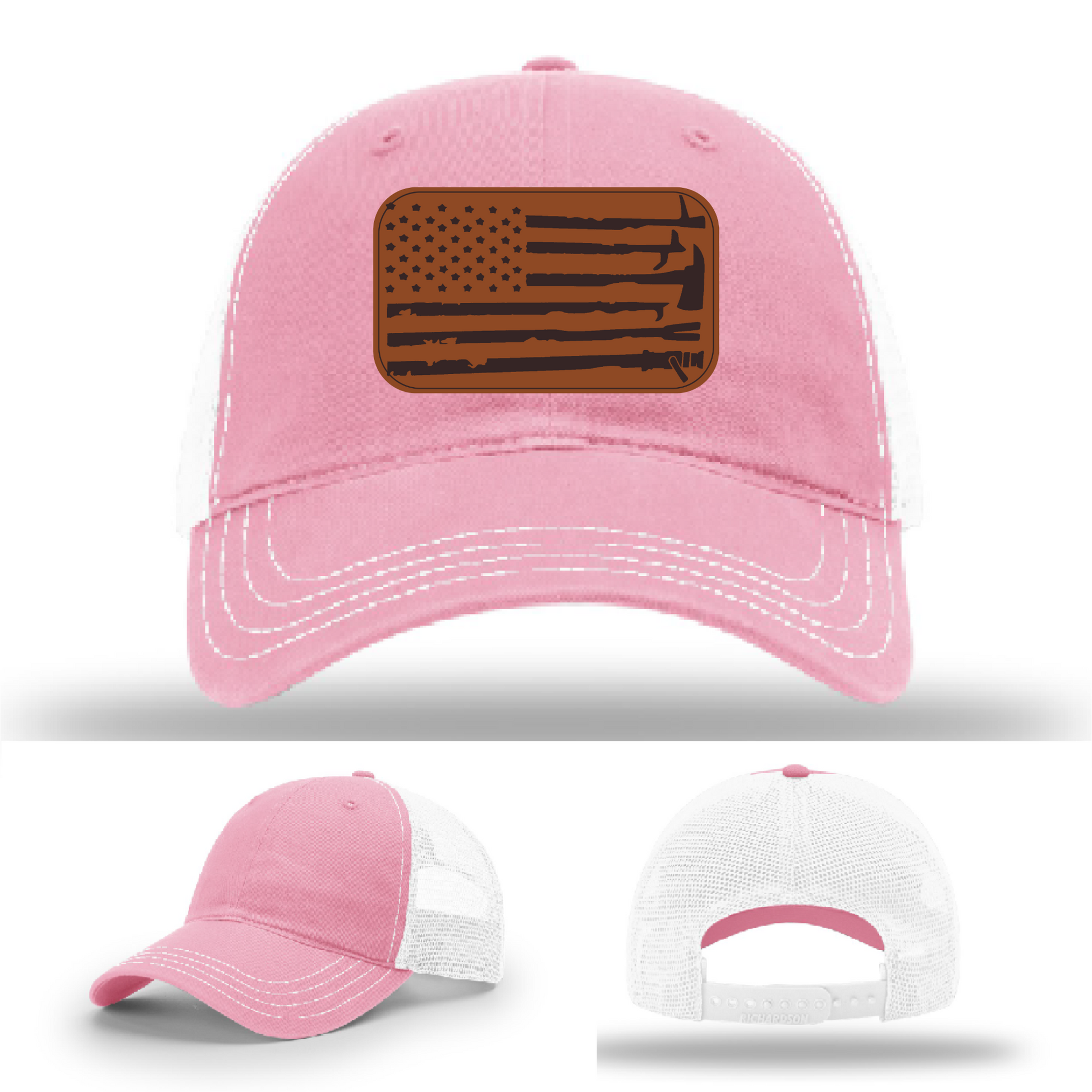 Firehouse tradition hat variant with detailed leather patch design