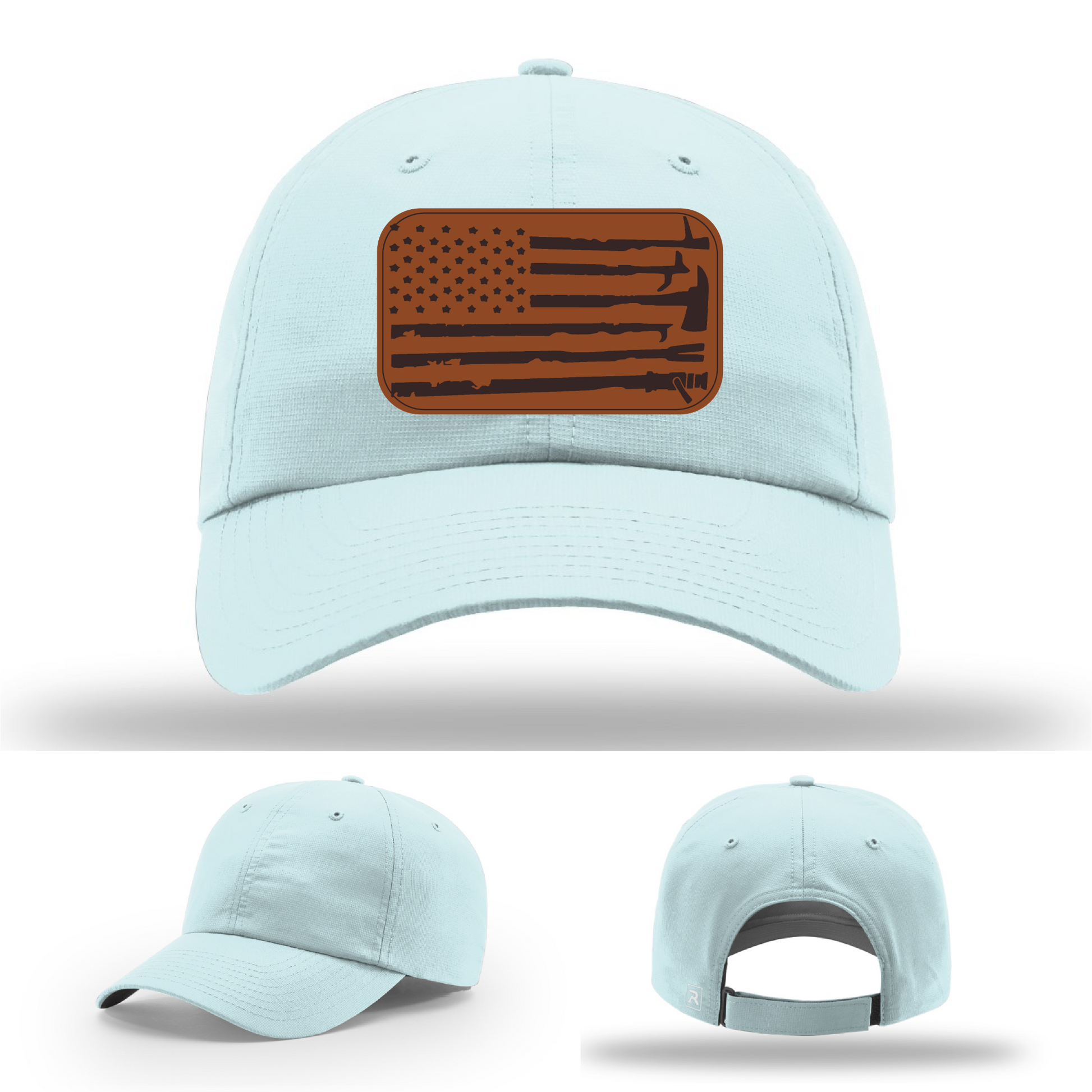 Firefighter apparel hat variant with patriotic leather patch flag and tools