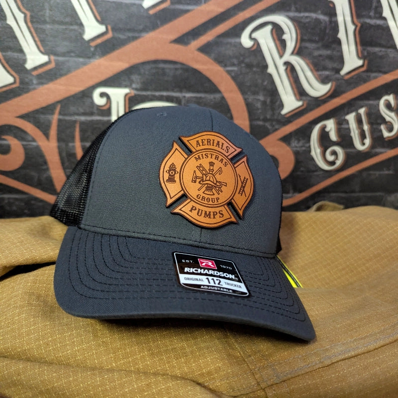 Personalized firefighter hat with Maltese Cross leather patch