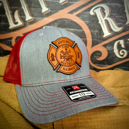 Firefighter hat featuring Maltese Cross leather patch