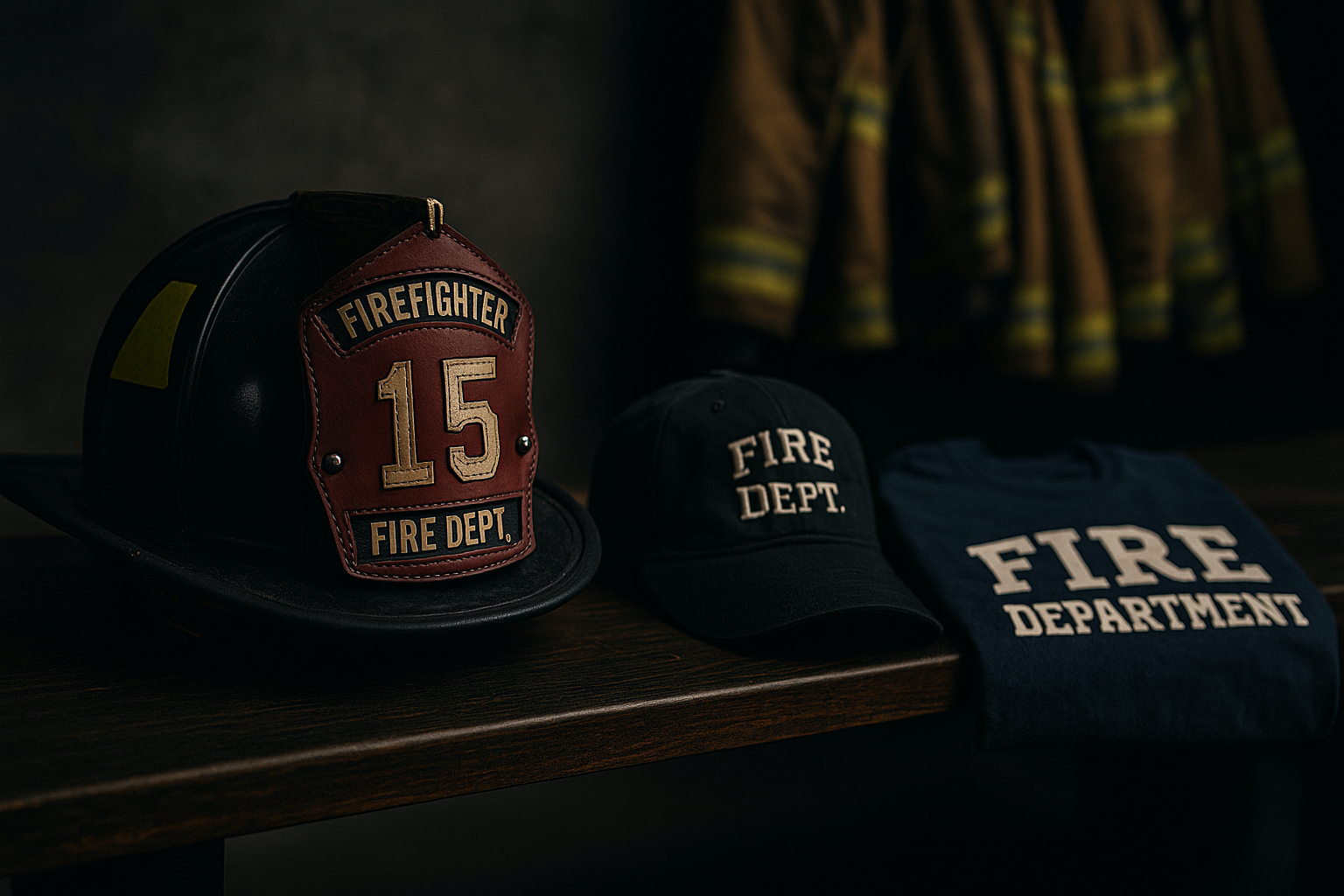 Firefighter blog banner with helmet shield hat and department apparel on bench