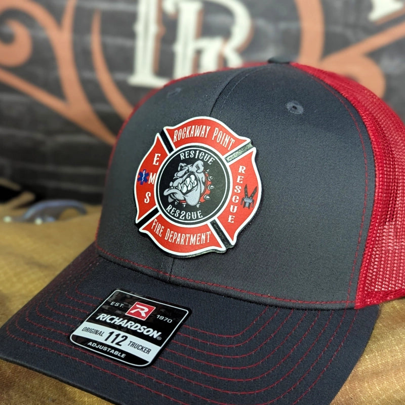 Full Color Maltese Cross firefighter hat with custom leather patch