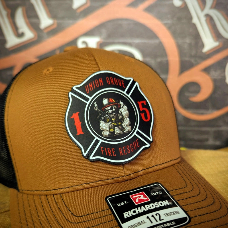 Firefighter hat with Maltese Cross design in full color leather