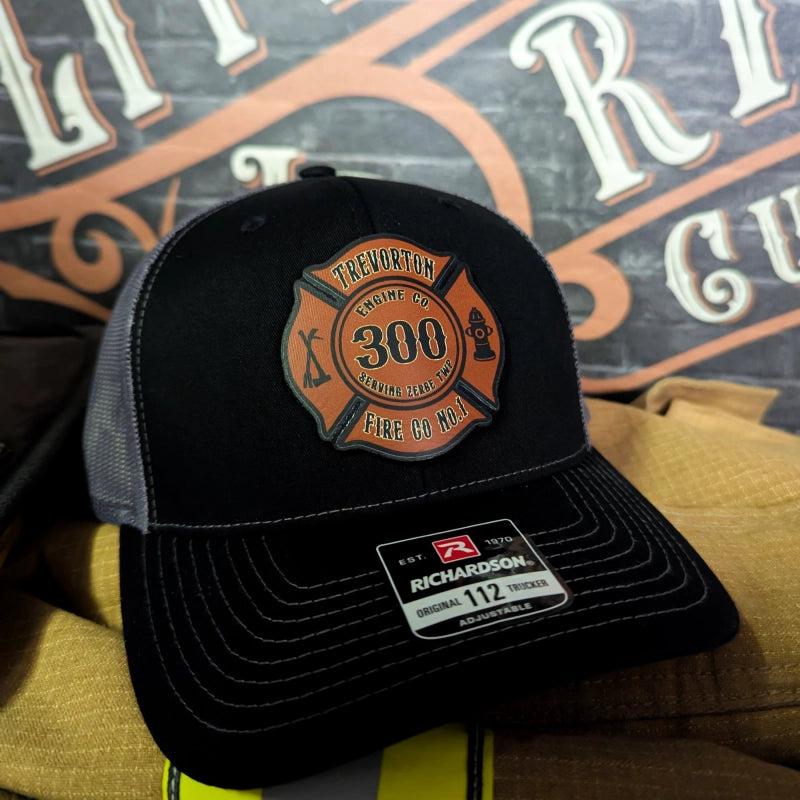 Custom firefighter hat built with full color Maltese Cross patch