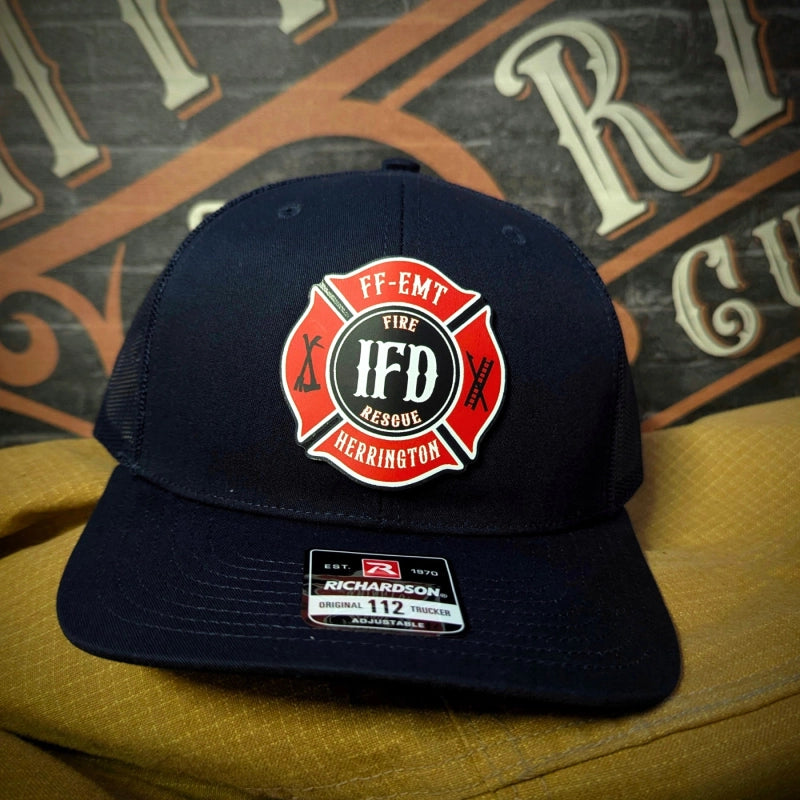 Custom firefighter hat with detailed full color Maltese Cross patch