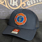 Firefighter hat showcasing full color Maltese Cross leather patch