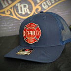 Personalized firefighter hat showing full color Maltese Cross patch