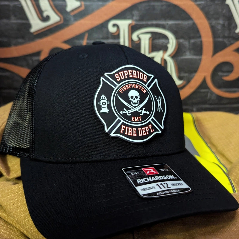 Firefighter hat featuring full color Maltese Cross leather patch