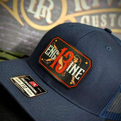 Firefighter hat with full color passport style leather patch