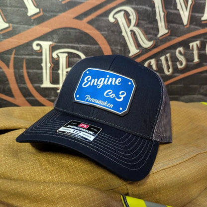 Station hat showcasing custom full color passport leather patch