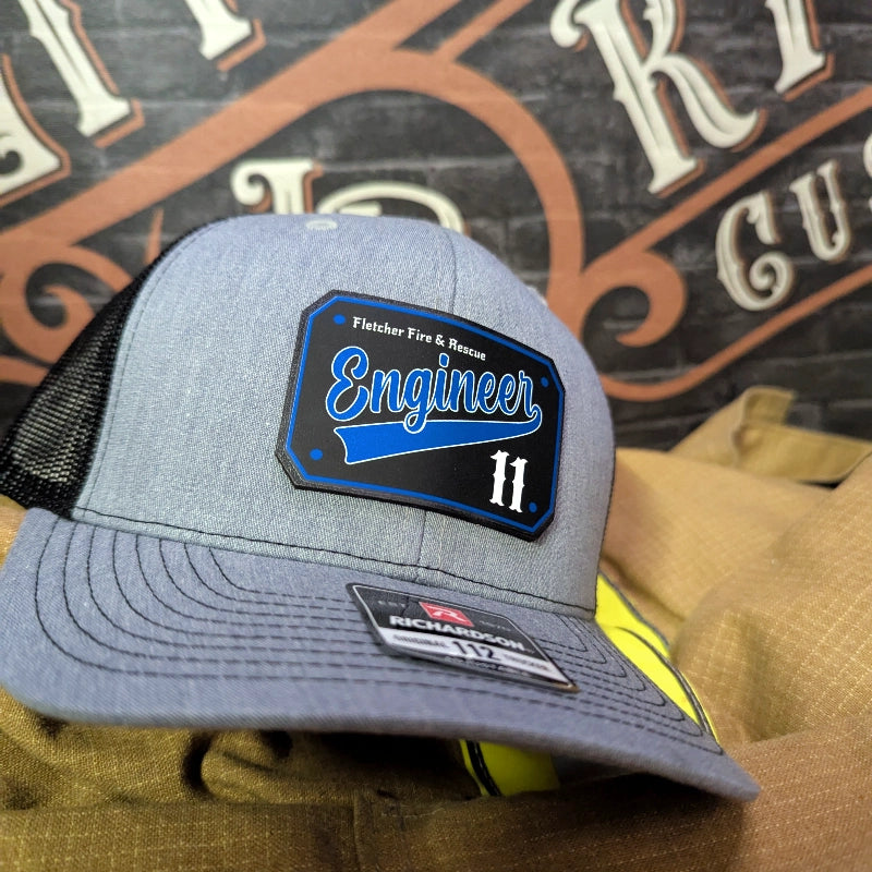 Custom firefighter gear hat with full color passport leather patch