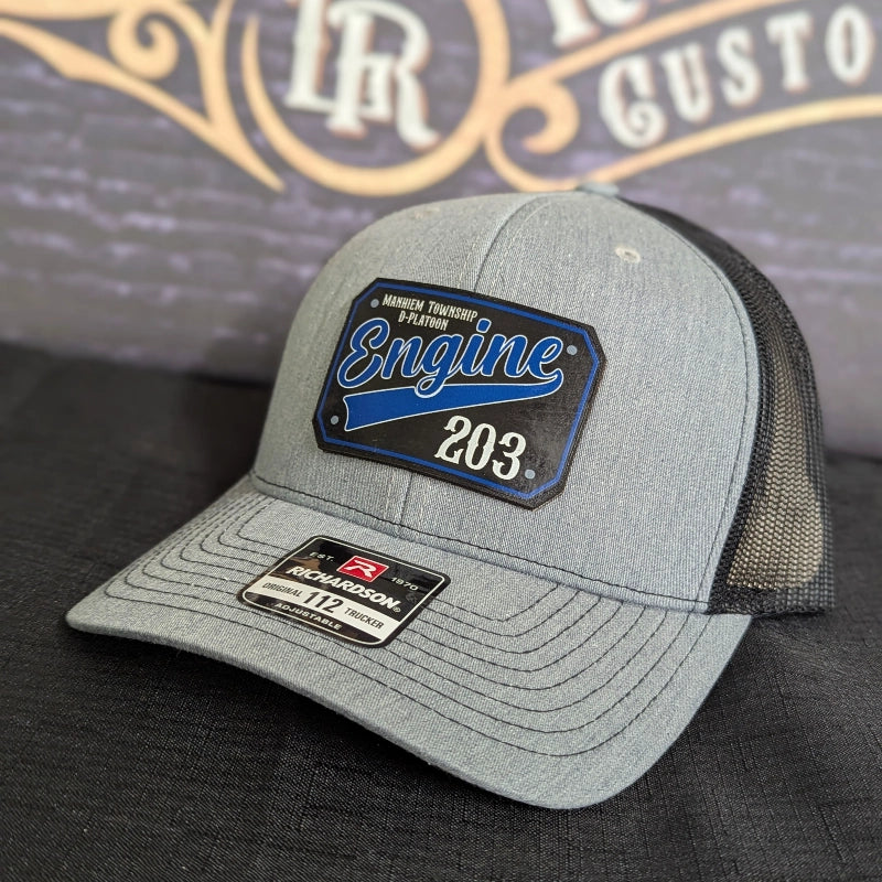 Custom firefighter station hat featuring passport leather patch