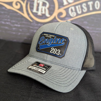 Custom firefighter station hat featuring passport leather patch