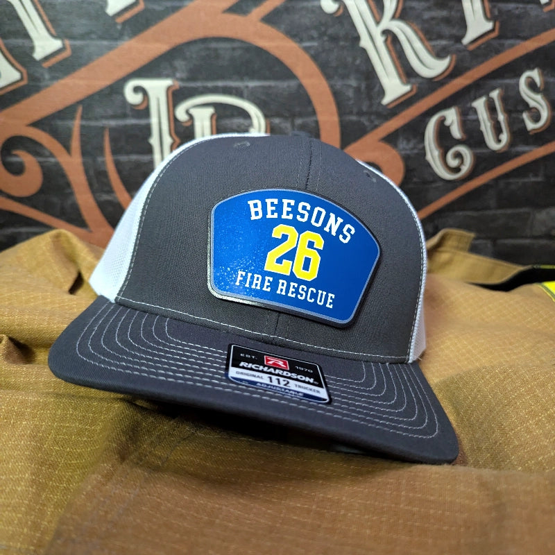 Firefighter hat with vibrant passport style leather patch