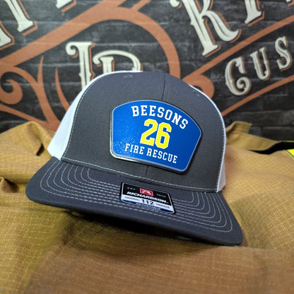Firefighter hat with vibrant passport style leather patch