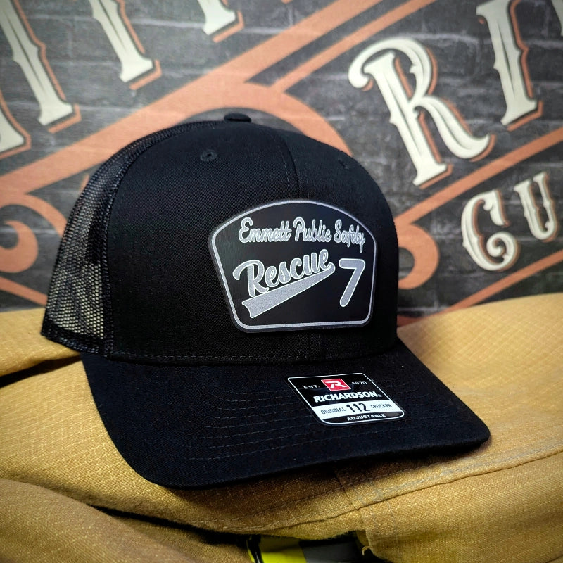 Custom firefighter hat showcasing passport leather patch in color
