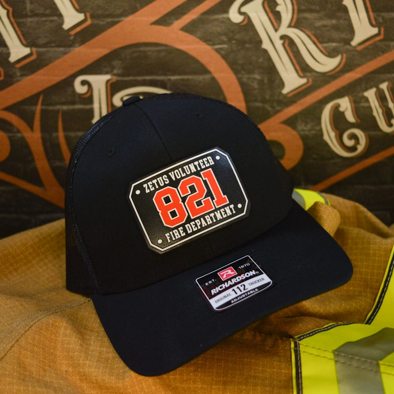 Custom firefighter hat with full color passport leather patch