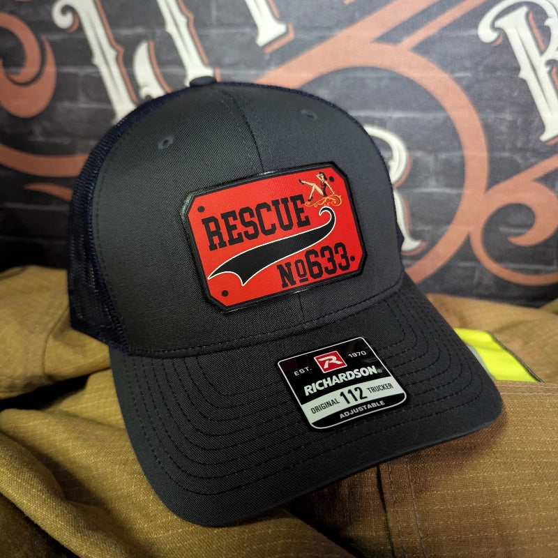 Firefighter hat with bold full color passport leather patch