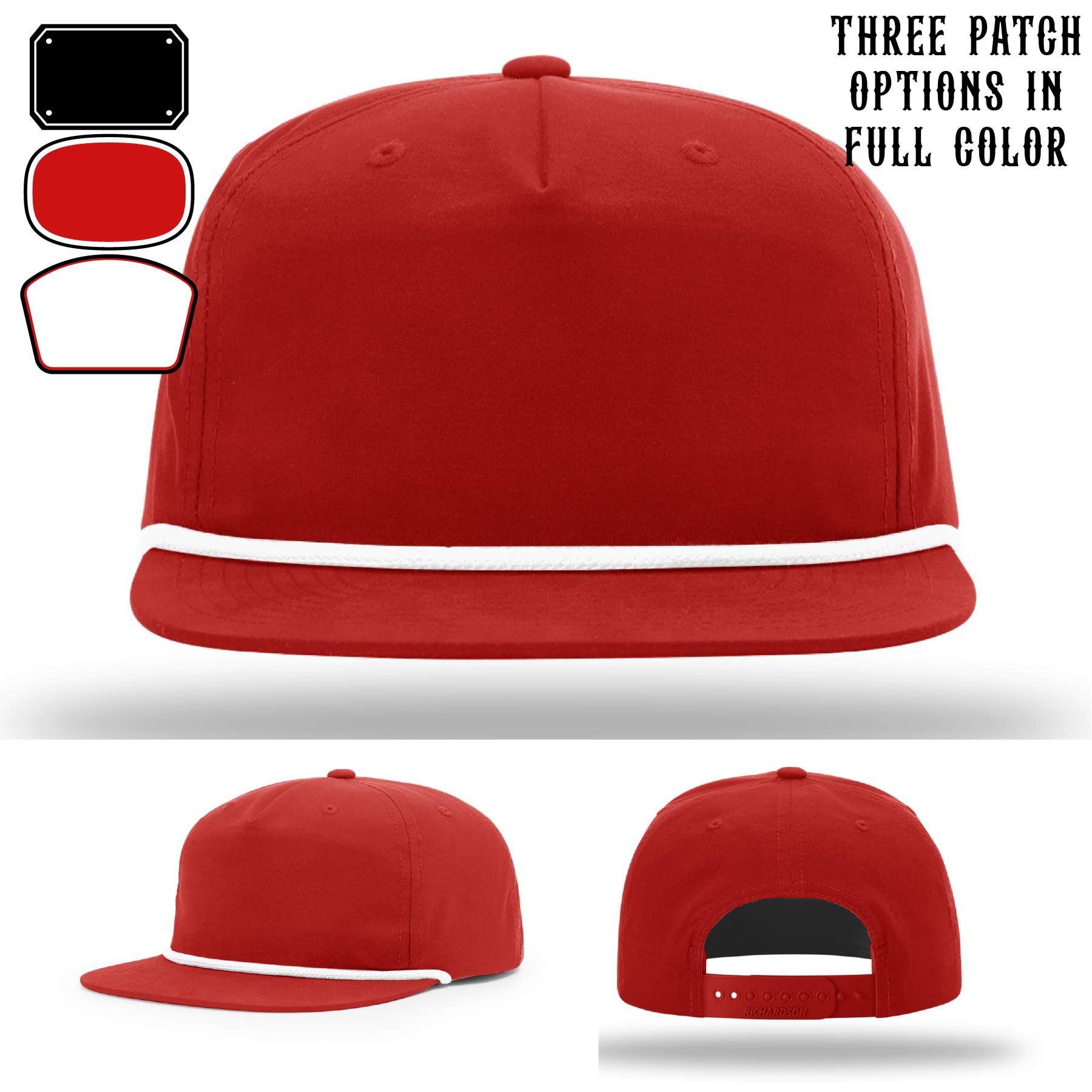 Firefighter hat showing three passport style patch examples
