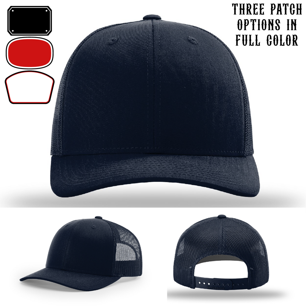 Station hat displayed with three passport leather patch examples