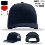 Station hat displayed with three passport leather patch examples