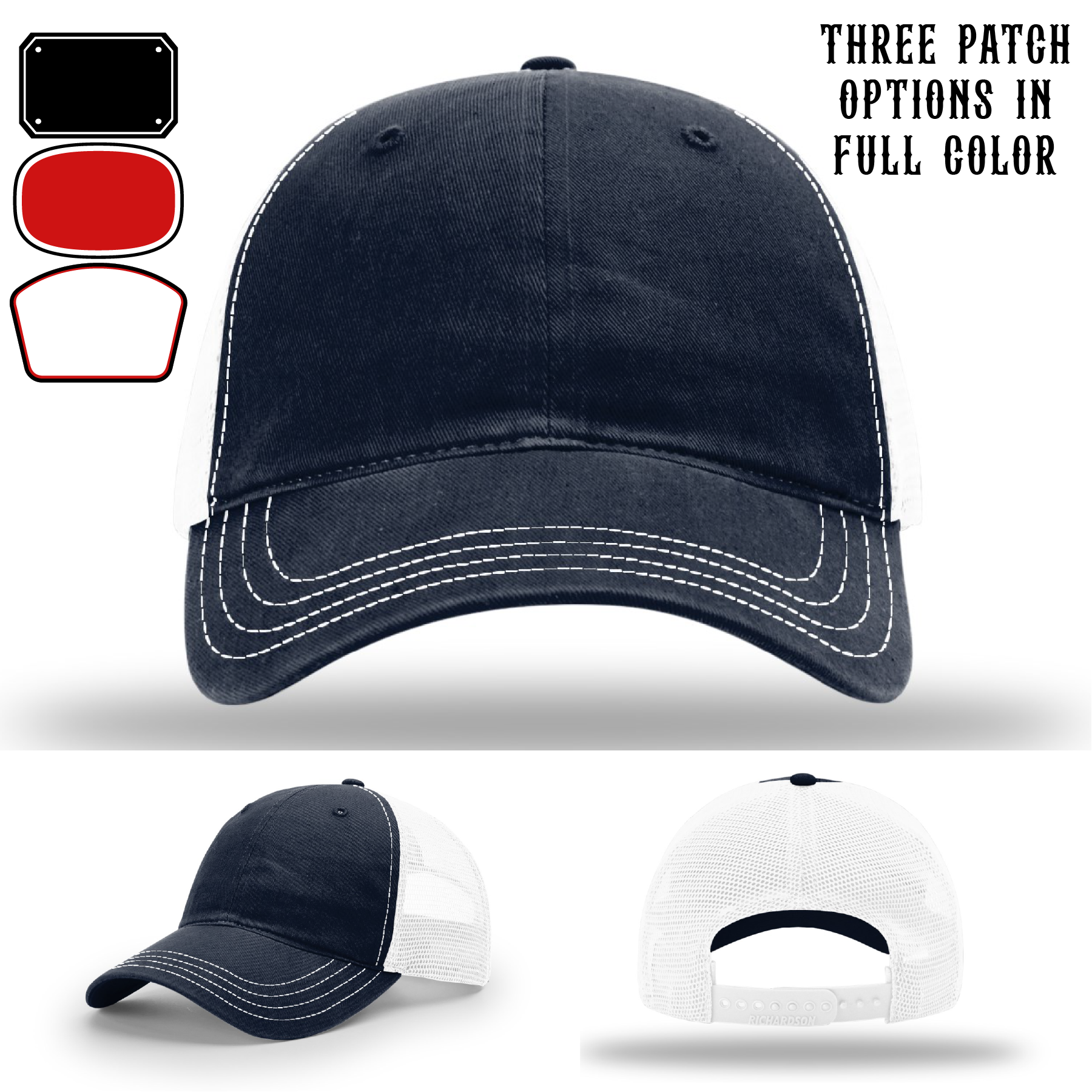 Firefighter hat showing three custom passport patch examples