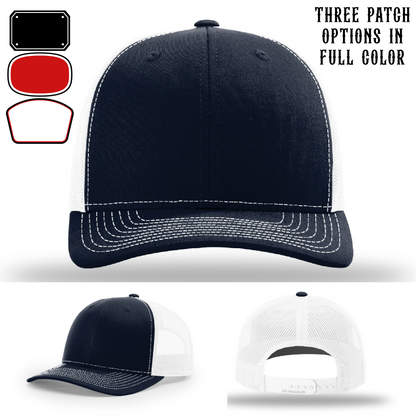 Firefighter hat displayed with three passport leather patches