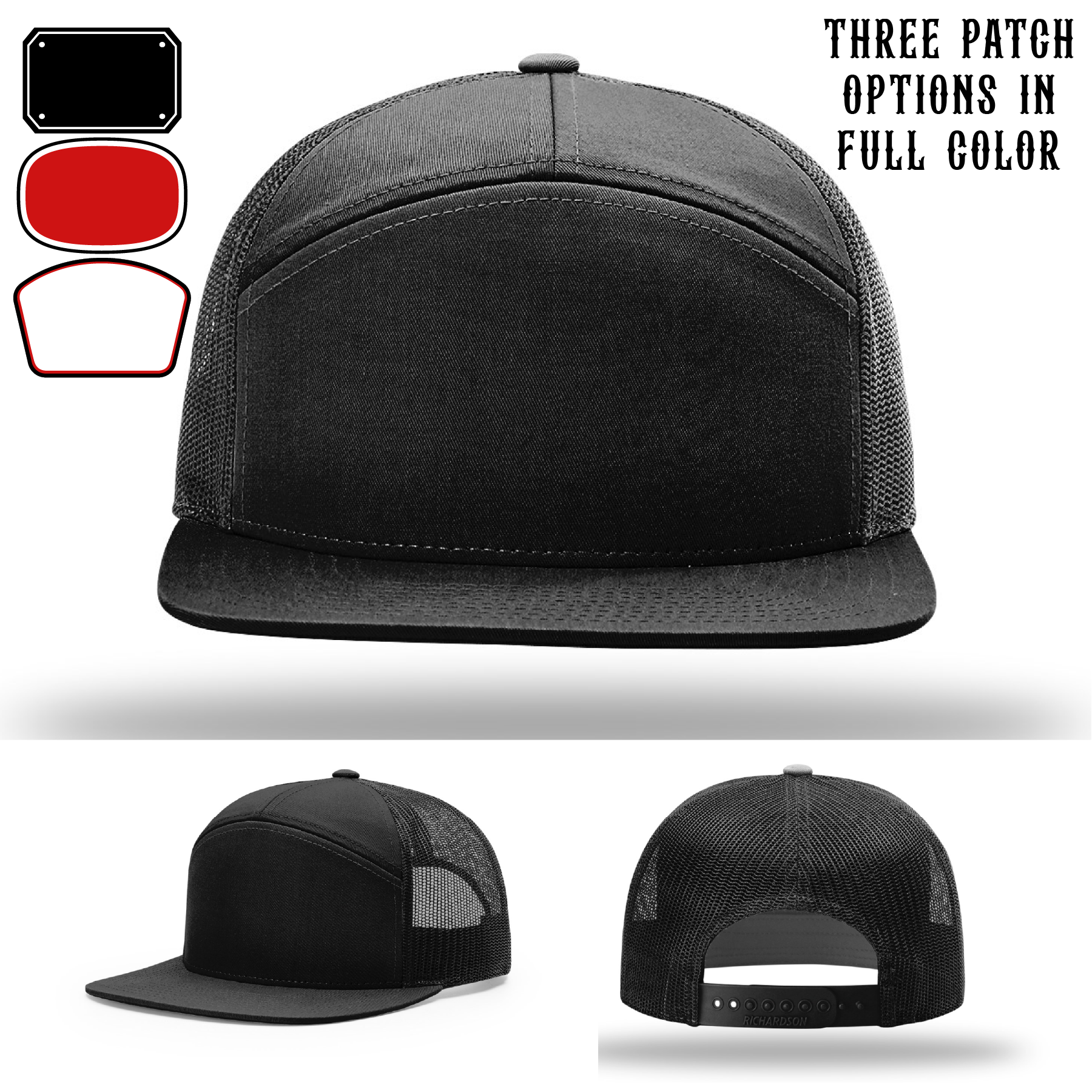 Station hat displayed with three passport style patch examples