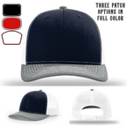 Firefighter hat displayed with three passport patch shape examples