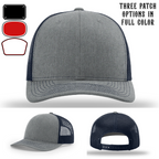 Firehouse hat showing three custom passport leather patches