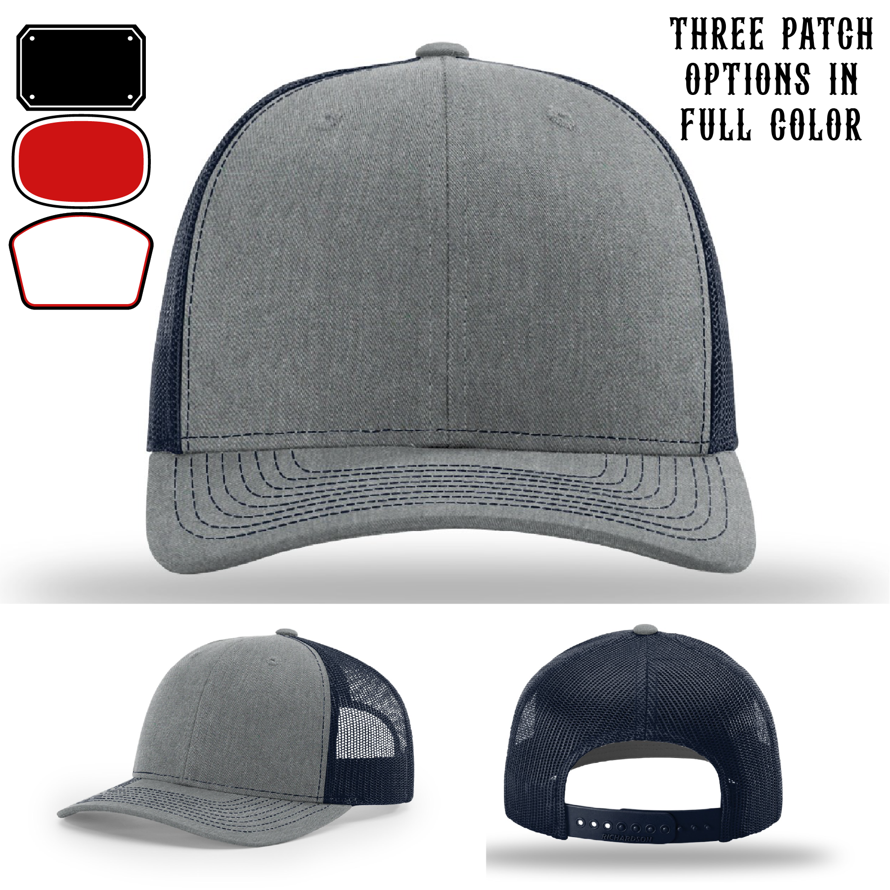 Firehouse hat showing three custom passport leather patches