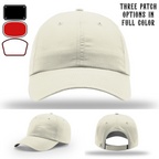 Fire department hat displayed with three passport patch samples