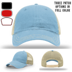 Firefighter hat displayed with three different passport patch shapes