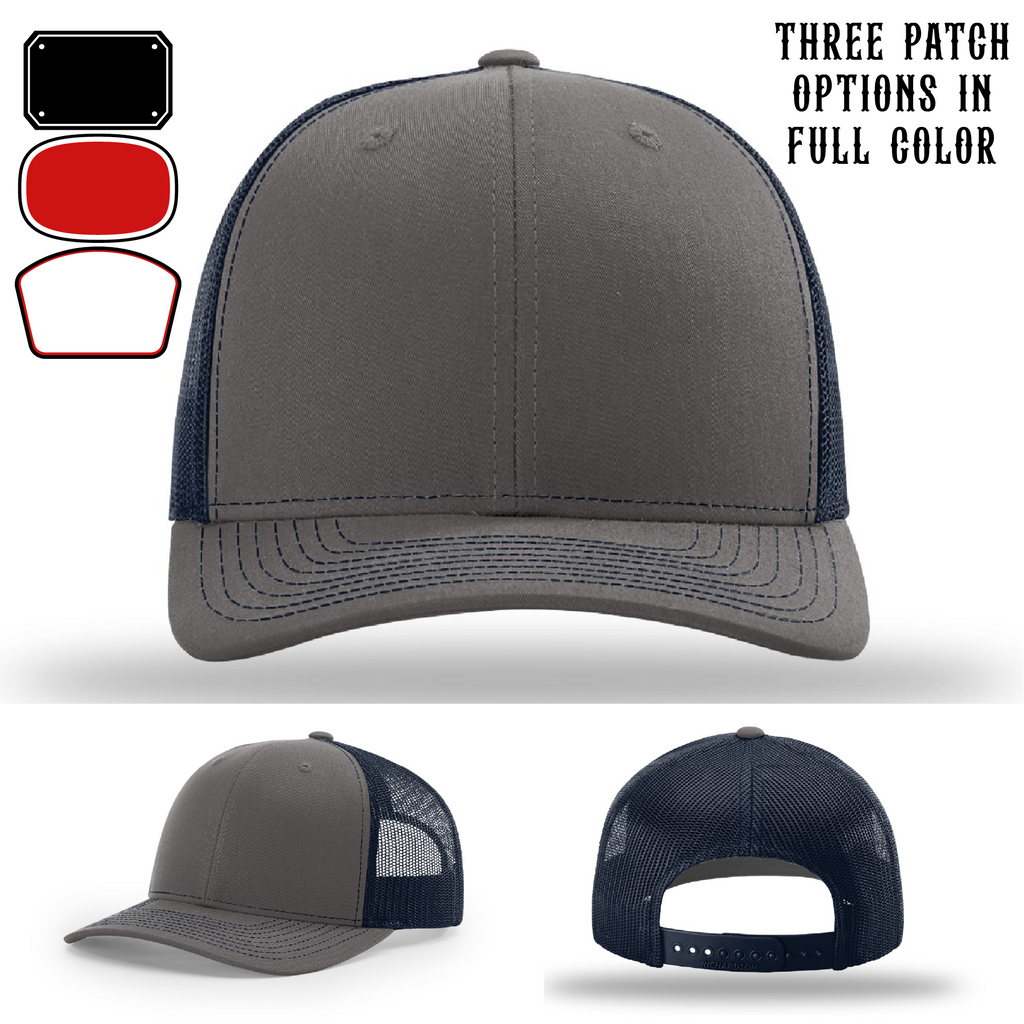 Firefighter hat displayed with three passport patch variations