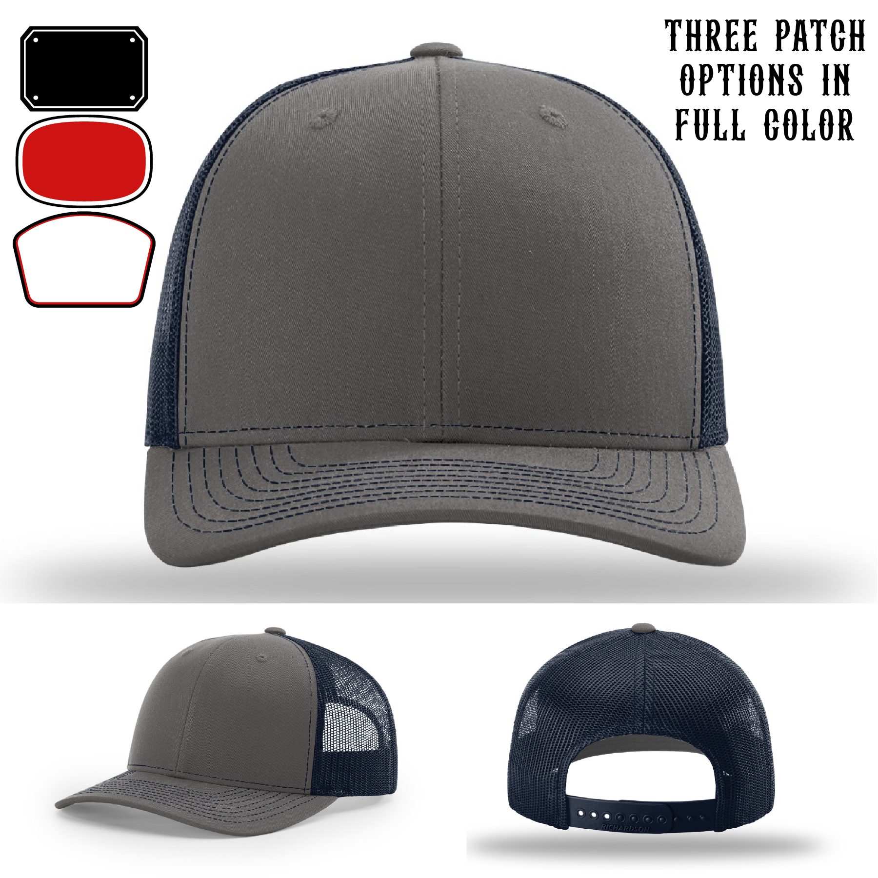 Firefighter hat displayed with three passport patch variations