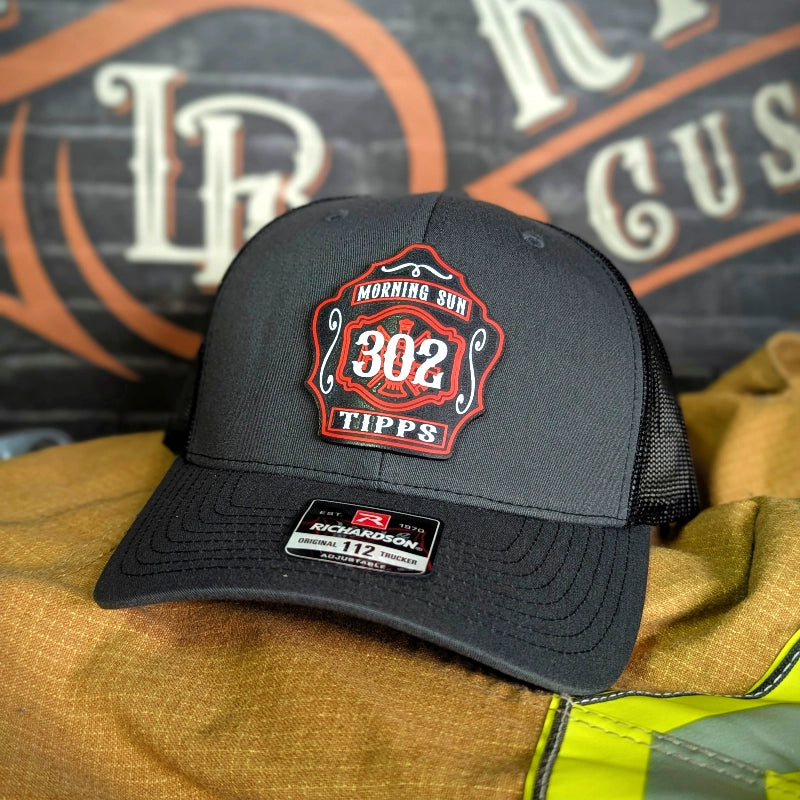 Firefighter hat featuring full color leather shield patch design