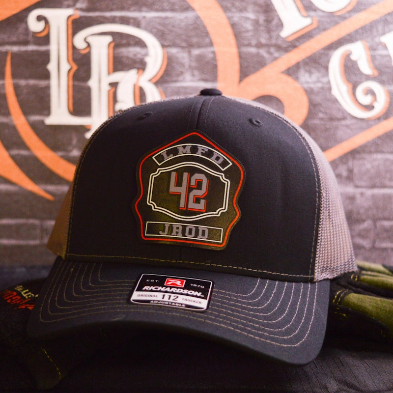 Station hat customized with full color firefighter shield patch