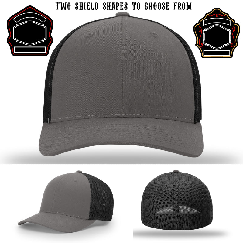 Firehouse hat displayed with two shield patch examples