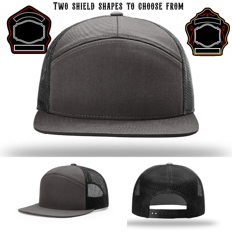 Firefighter hat featuring two shield patch design shapes