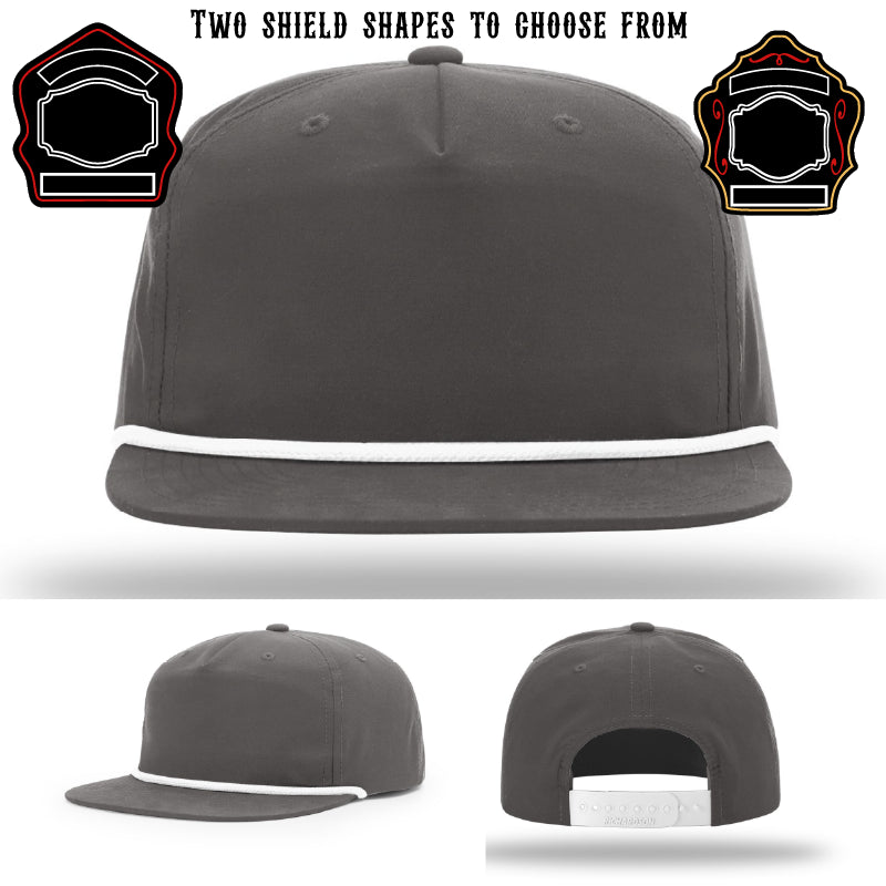 Station hat with two custom firefighter shield patch examples